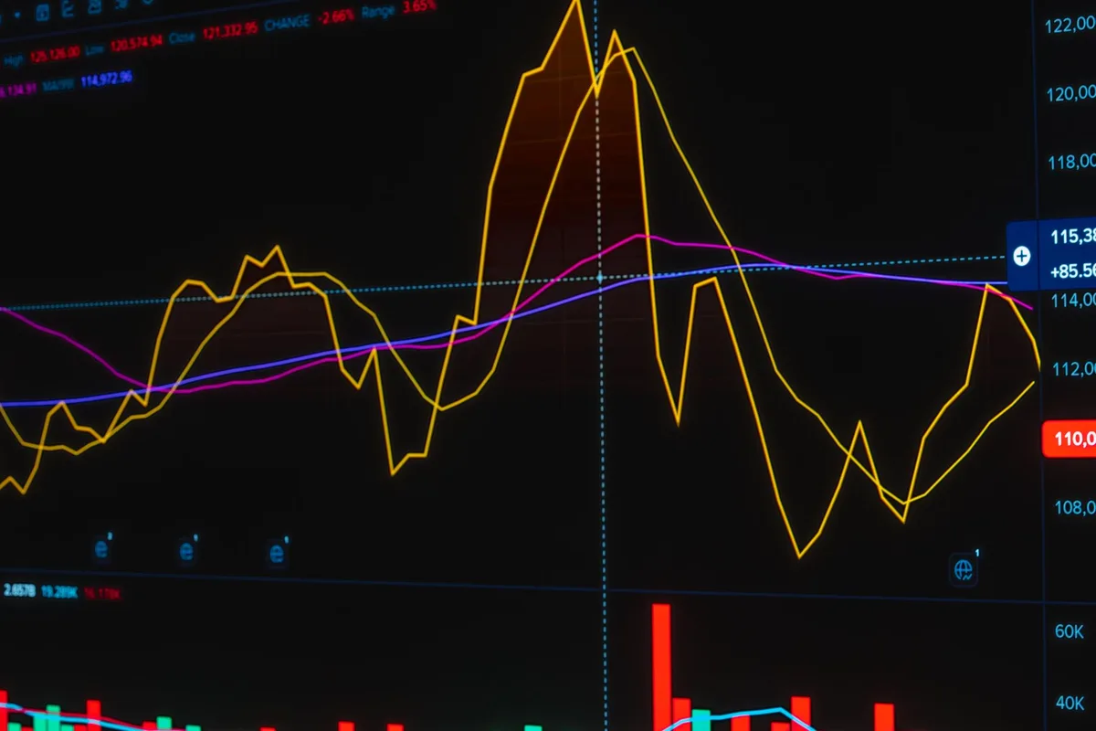 close-up of anonymous hands pointing at a laptop screen showing an index chart